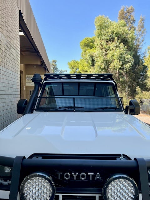IMG-20250928-WA0056 Toyota Landcruiser 70-79 Series (fitted with factory snorkel) All Black Mesh Windscreen Sunvisor